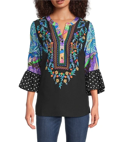Calessa Embroidered Floral Dotted Patchwork Split V-Neck 3/4 Sleeve Tunic