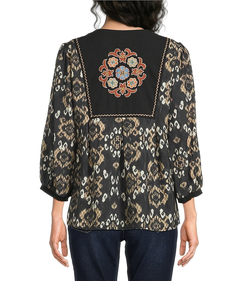 Calessa Plus Size Embroidered Floral Paisley Print Round Split Neck 3/4 Sleeve Tassel Tie Tunic
