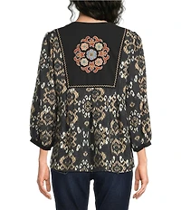 Calessa Plus Size Embroidered Floral Paisley Print Round Split Neck 3/4 Sleeve Tassel Tie Tunic