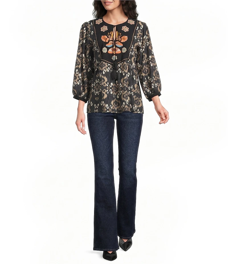 Calessa Plus Size Embroidered Floral Paisley Print Round Split Neck 3/4 Sleeve Tassel Tie Tunic