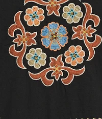 Calessa Plus Size Embroidered Floral Paisley Print Round Split Neck 3/4 Sleeve Tassel Tie Tunic