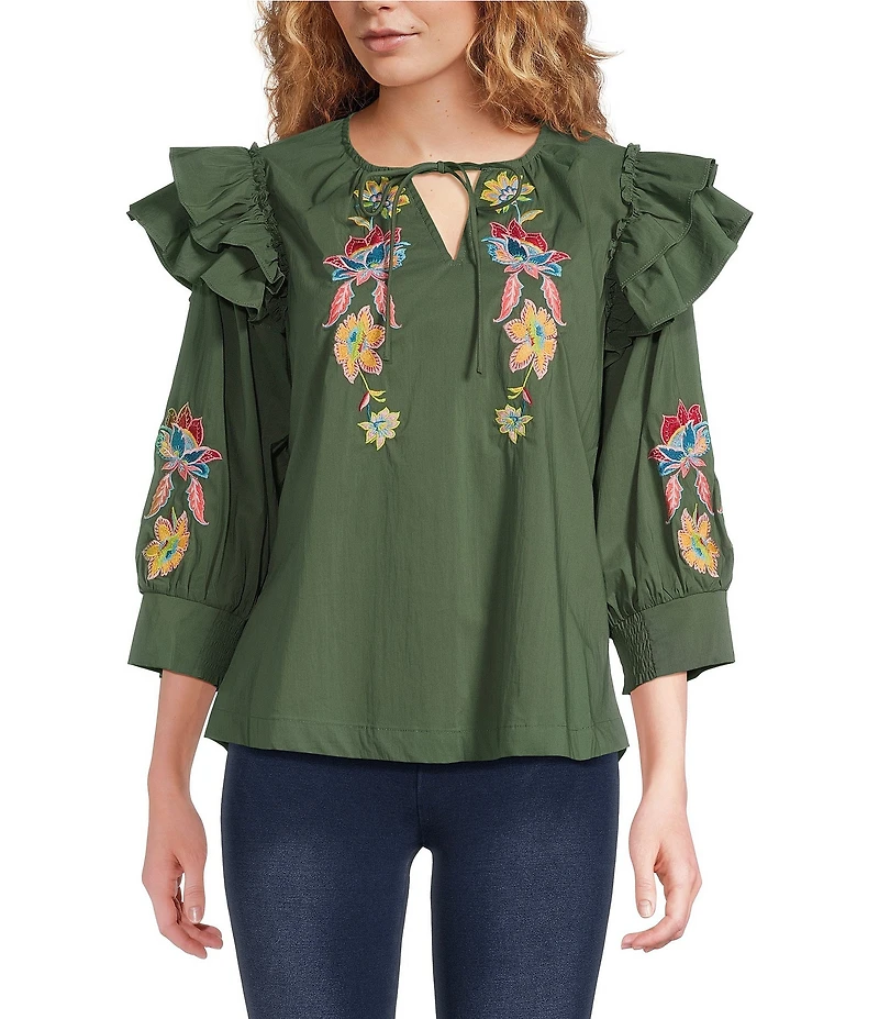 Calessa Embroidered Floral Patchwork Split Round Neck Ties 3/4 Sleeve Tunic