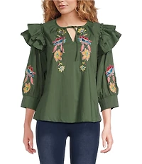 Calessa Embroidered Floral Patchwork Split Round Neck Ties 3/4 Sleeve Tunic