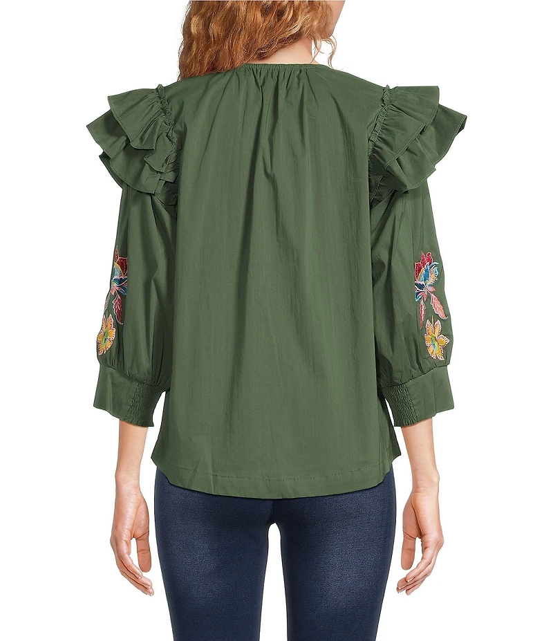 Calessa Embroidered Floral Patchwork Split Round Neck Ties 3/4 Sleeve Tunic