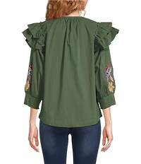 Calessa Embroidered Floral Patchwork Split Round Neck Ties 3/4 Sleeve Tunic