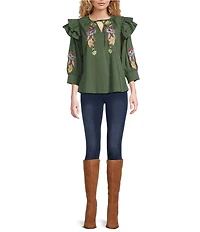 Calessa Embroidered Floral Patchwork Split Round Neck Ties 3/4 Sleeve Tunic