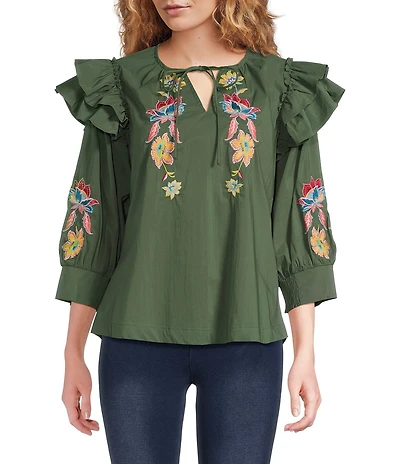 Calessa Embroidered Floral Patchwork Split Round Neck Ties 3/4 Sleeve Tunic