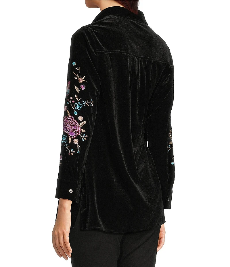 Calessa Embroidered Floral Point Collar Long Sleeve Button Front Velvet Shirt