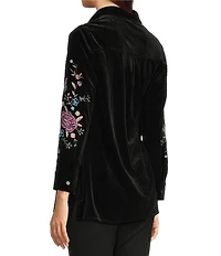 Calessa Embroidered Floral Point Collar Long Sleeve Button Front Velvet Shirt