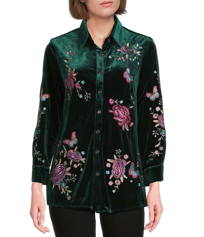 Calessa Embroidered Floral Point Collar Long Sleeve Button Front Velvet Shirt