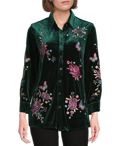 Calessa Embroidered Floral Point Collar Long Sleeve Button Front Velvet Shirt