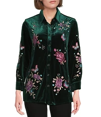 Calessa Embroidered Floral Point Collar Long Sleeve Button Front Velvet Shirt