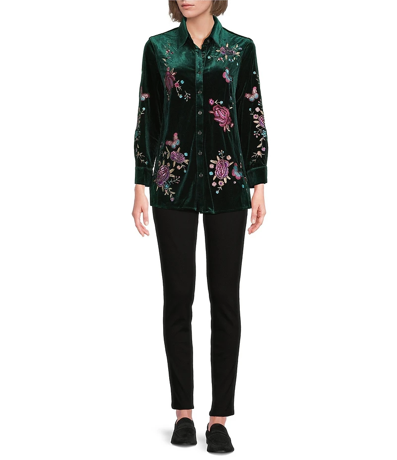 Calessa Embroidered Floral Point Collar Long Sleeve Button Front Velvet Shirt
