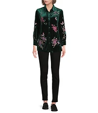 Calessa Embroidered Floral Point Collar Long Sleeve Button Front Velvet Shirt