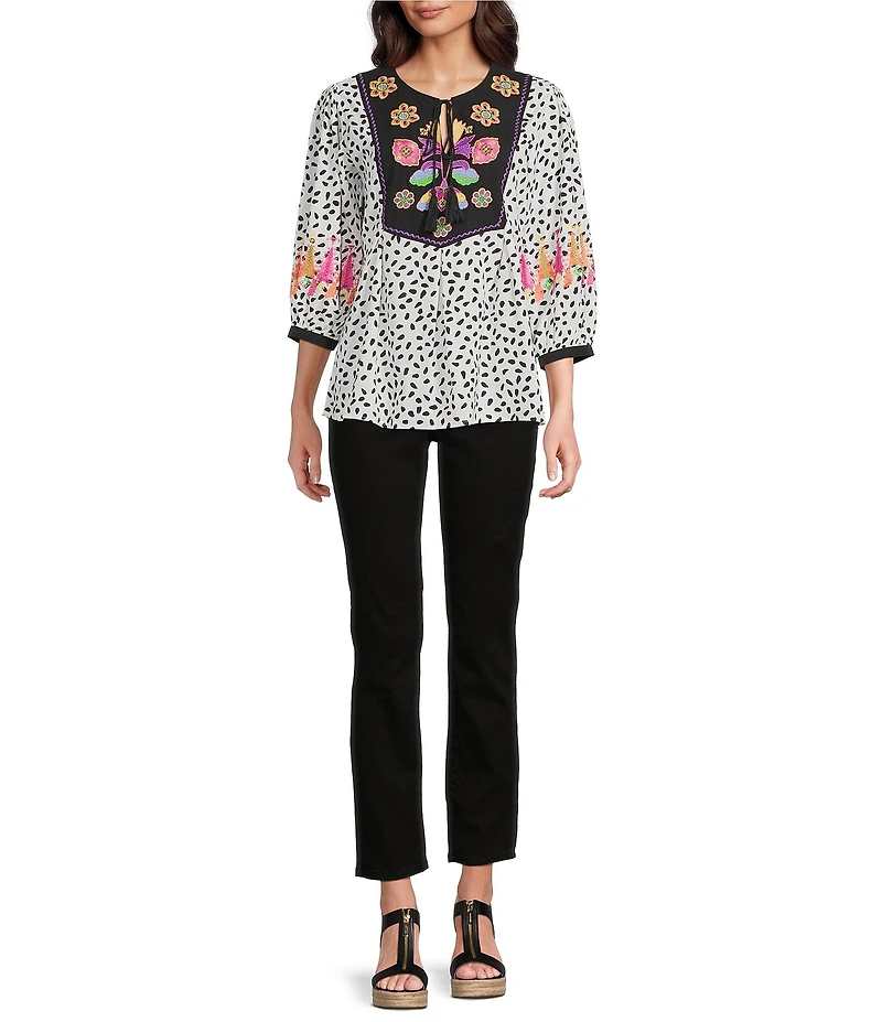 Calessa Embroidered Floral Round Split Neck 3/4 Sleeve Tassel Tie Tunic