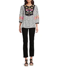 Calessa Embroidered Floral Round Split Neck 3/4 Sleeve Tassel Tie Tunic