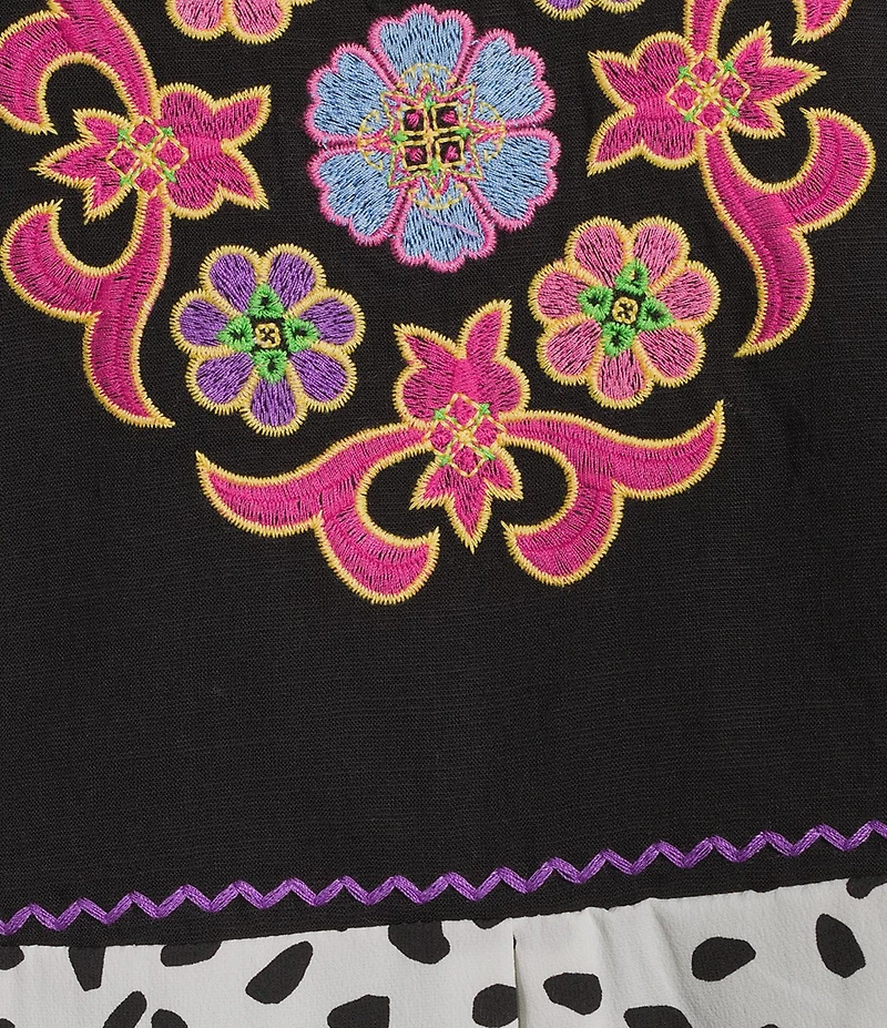 Calessa Embroidered Floral Round Split Neck 3/4 Sleeve Tassel Tie Tunic