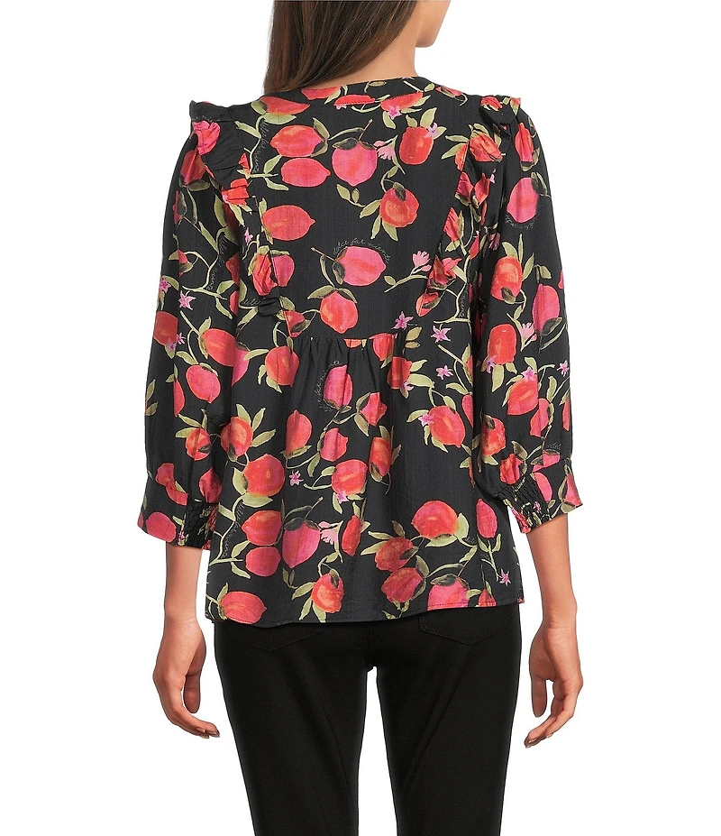 Calessa Embroidered Floral Round Split V-Neck 3/4 Sleeve Tunic