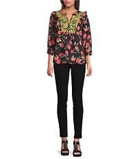 Calessa Embroidered Floral Round Split V-Neck 3/4 Sleeve Tunic