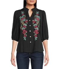 Calessa Embroidered Floral Split V-Neck 3/4 Sleeve Button Front Tunic