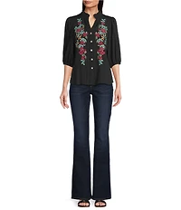 Calessa Embroidered Floral Split V-Neck 3/4 Sleeve Button Front Tunic