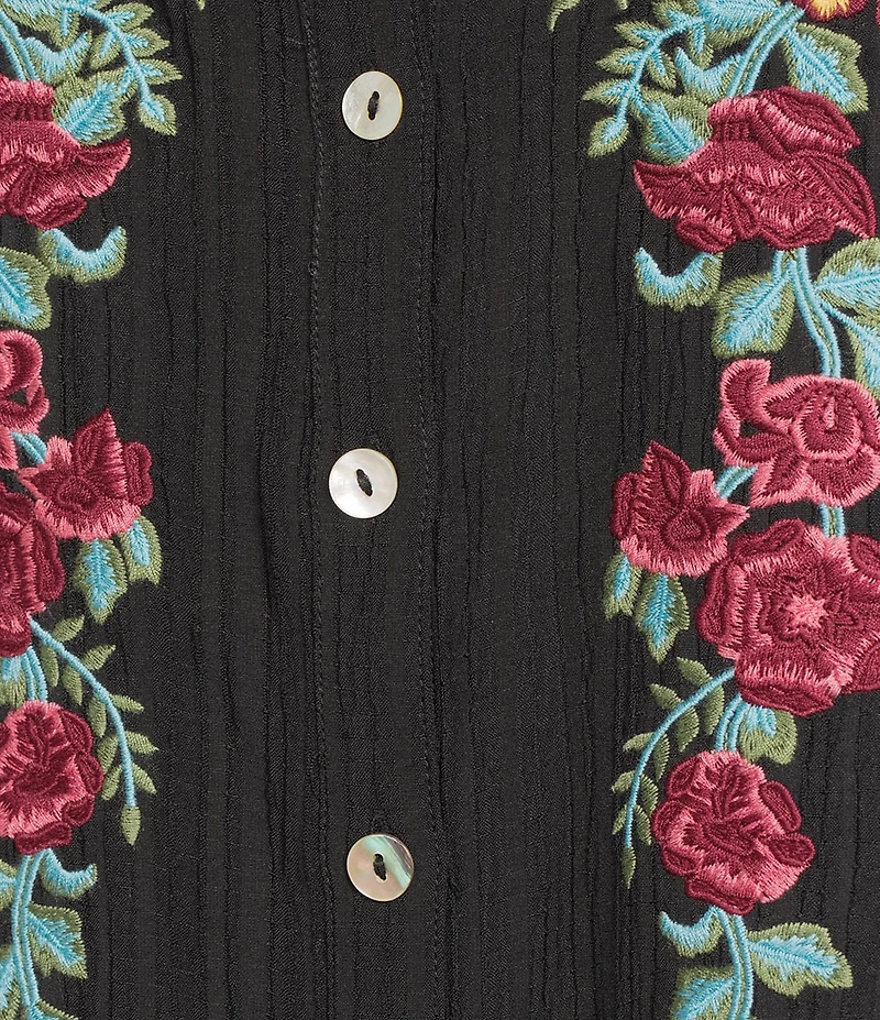Calessa Embroidered Floral Split V-Neck 3/4 Sleeve Button Front Tunic