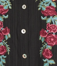 Calessa Embroidered Floral Split V-Neck 3/4 Sleeve Button Front Tunic