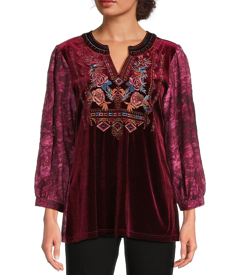 Calessa Embroidered Floral Split V-Neck 3/4 Sleeve Velvet Knit Tunic