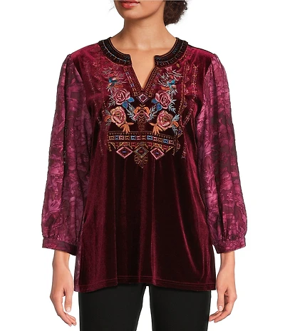 Calessa Embroidered Floral Split V-Neck 3/4 Sleeve Velvet Knit Tunic