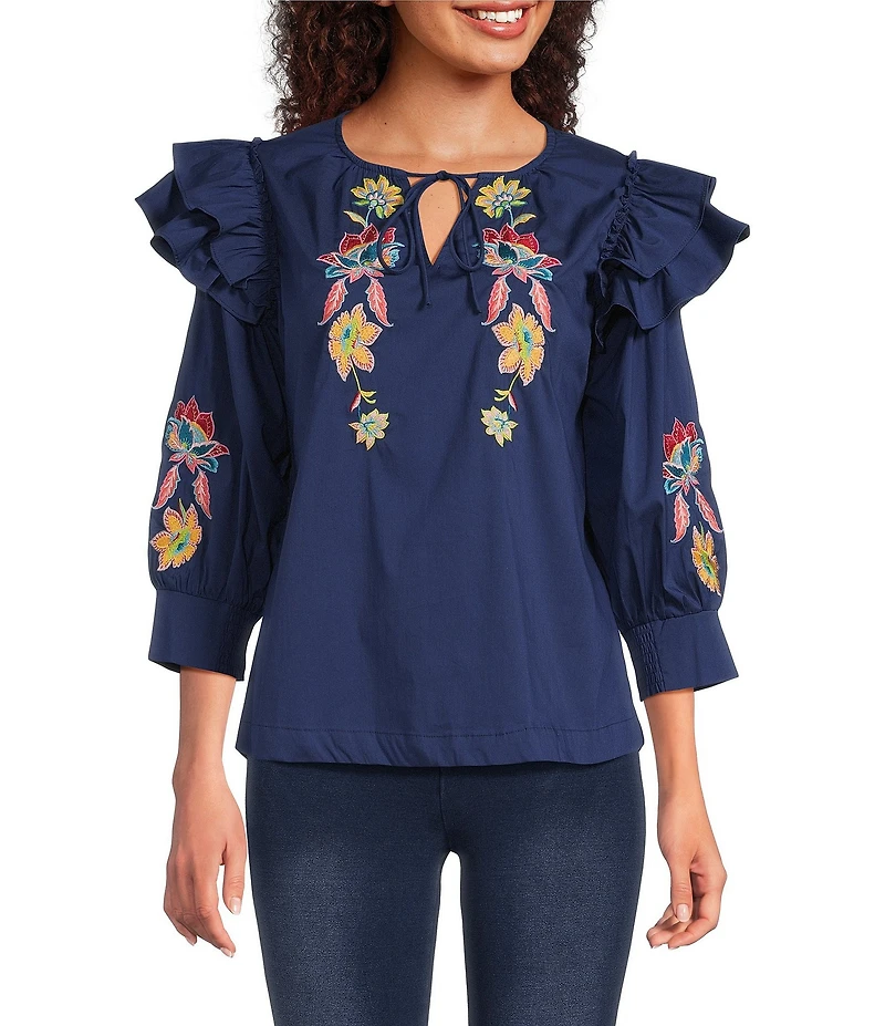 Calessa Embroidered Floral Split V-Neck Elbow Sleeve Top
