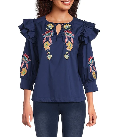 Calessa Embroidered Floral Split V-Neck Elbow Sleeve Top