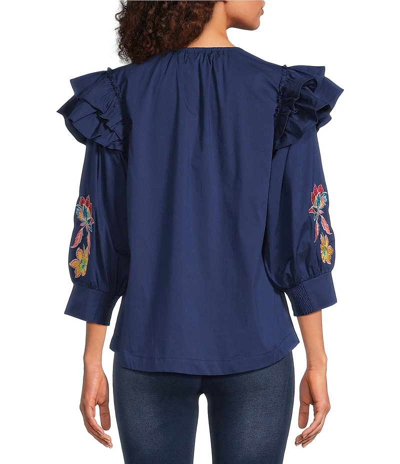 Calessa Embroidered Floral Split V-Neck Elbow Sleeve Top