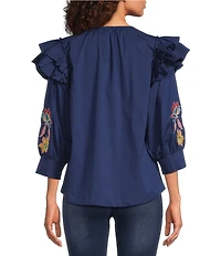 Calessa Embroidered Floral Split V-Neck Elbow Sleeve Top