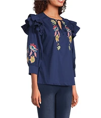 Calessa Embroidered Floral Split V-Neck Elbow Sleeve Top