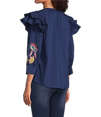 Calessa Embroidered Floral Split V-Neck Elbow Sleeve Top
