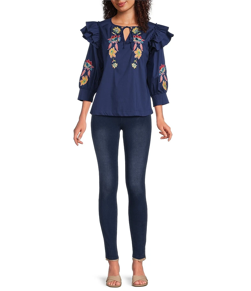 Calessa Embroidered Floral Split V-Neck Elbow Sleeve Top