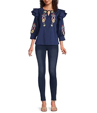 Calessa Embroidered Floral Split V-Neck Elbow Sleeve Top