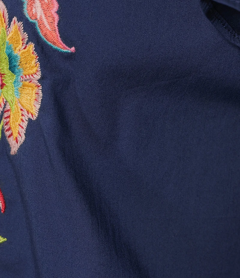 Calessa Embroidered Floral Split V-Neck Elbow Sleeve Top