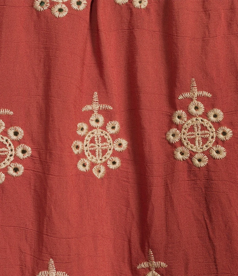 Calessa Embroidered Medallion Print Split V-Neck Long Sleeve Button Front Tunic