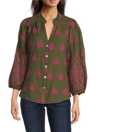 Calessa Embroidered Medallion Print Split V-Neck Long Sleeve Button Front Tunic