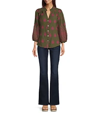 Calessa Embroidered Medallion Print Split V-Neck Long Sleeve Button Front Tunic