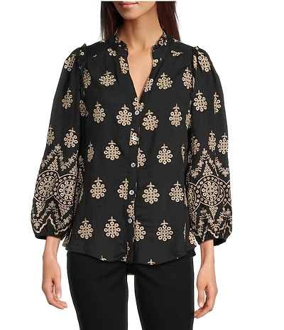 Calessa Embroidered Medallion Split V-Neck Wrist Sleeve Button Front Tunic