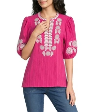 Calessa Embroidered Motif Split V-Neck 3/4 Sleeve Tunic