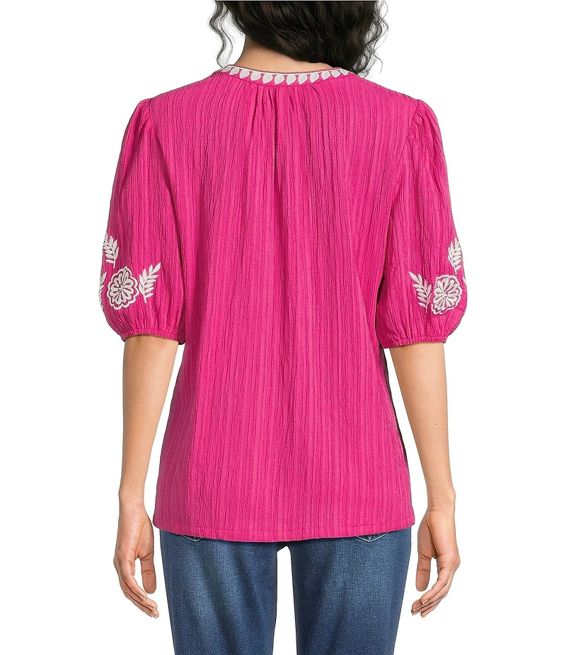 Calessa Embroidered Motif Split V-Neck 3/4 Sleeve Tunic