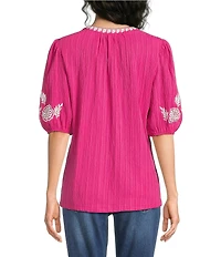 Calessa Embroidered Motif Split V-Neck 3/4 Sleeve Tunic