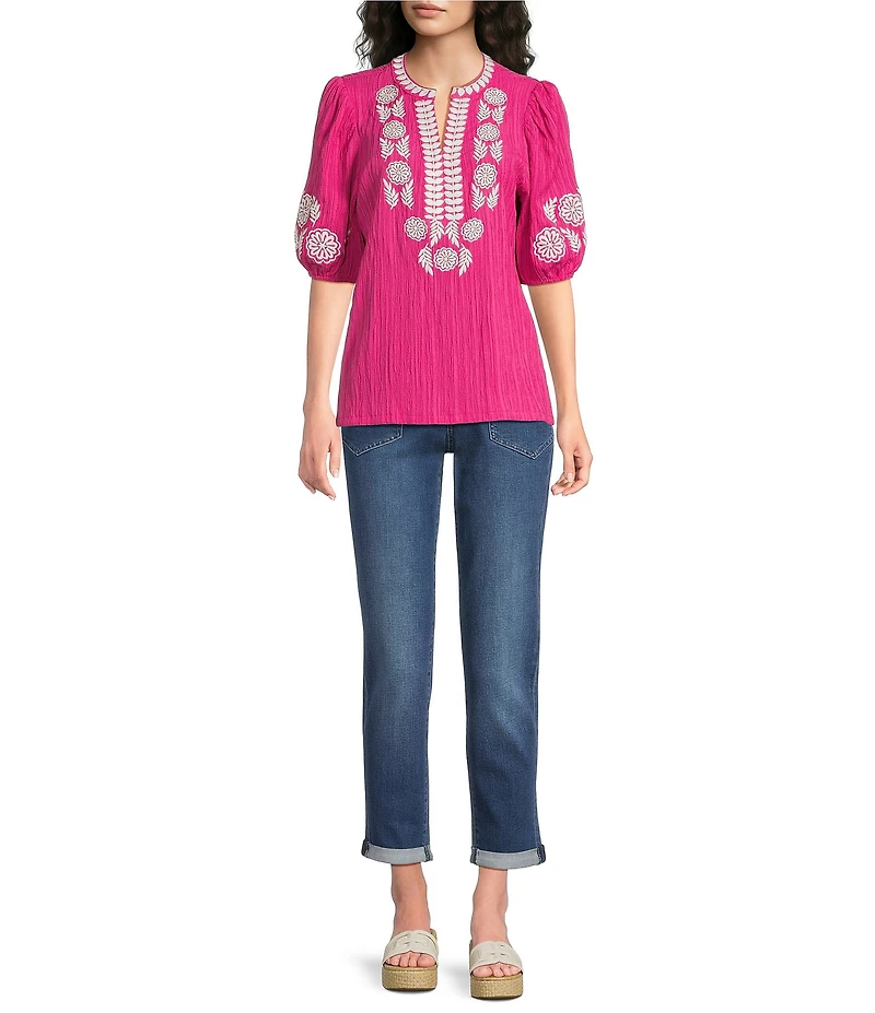 Calessa Embroidered Motif Split V-Neck 3/4 Sleeve Tunic