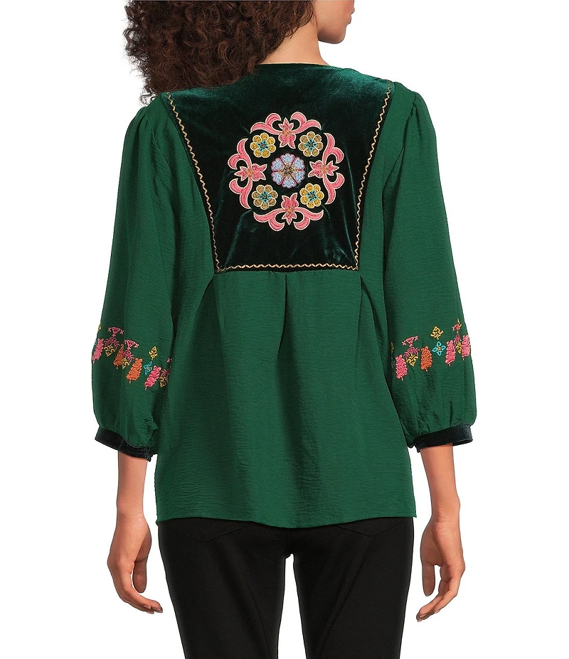 Calessa Embroidered Patchwork Print Round Split V-Neck 3/4 Sleeve Tunic