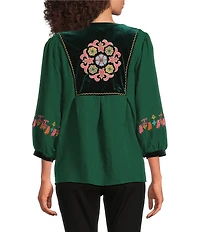 Calessa Embroidered Patchwork Print Round Split V-Neck 3/4 Sleeve Tunic