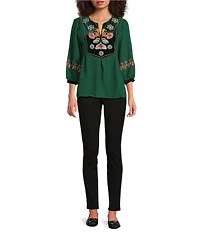 Calessa Embroidered Patchwork Print Round Split V-Neck 3/4 Sleeve Tunic