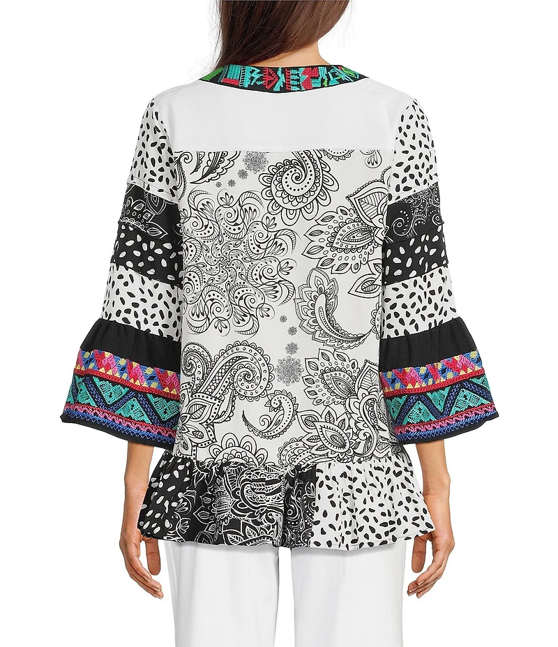 Calessa Embroidered Patchwork Print Split V-Neck 3/4 Sleeve Tunic